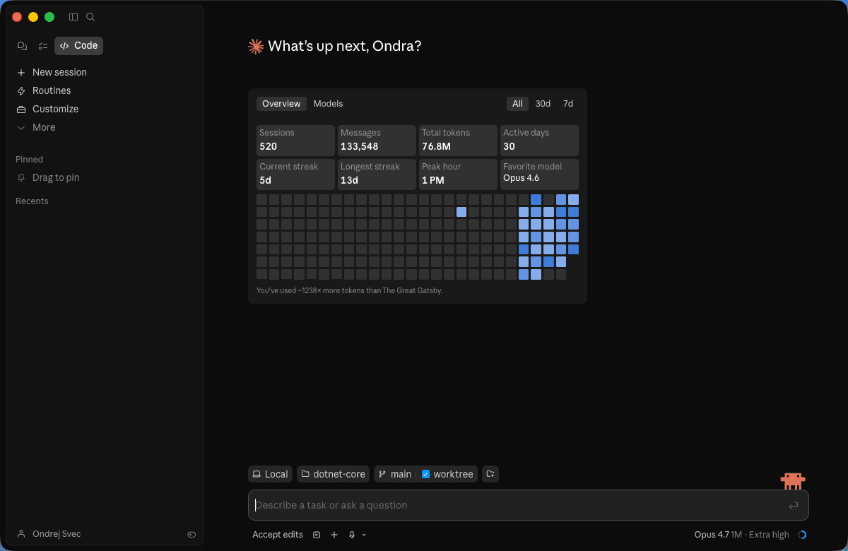Claude Code desktop app main window on first sign-in, showing the sidebar and empty workspace.