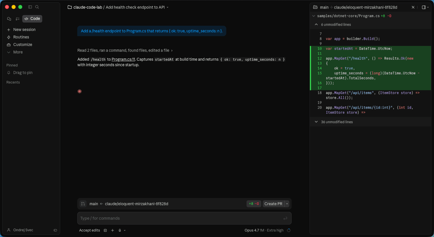 Claude Code diff review window showing a two-column diff with changes highlighted.