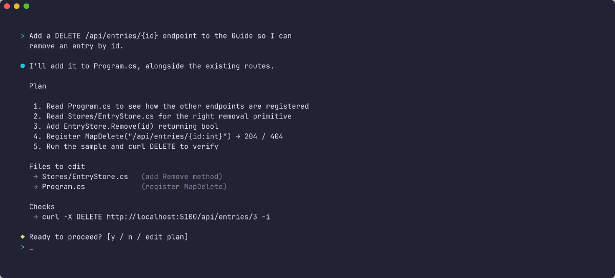 Claude Code plan for the .NET DELETE endpoint, naming Stores/EntryStore.cs and Program.cs as the files to edit and a curl DELETE check to run