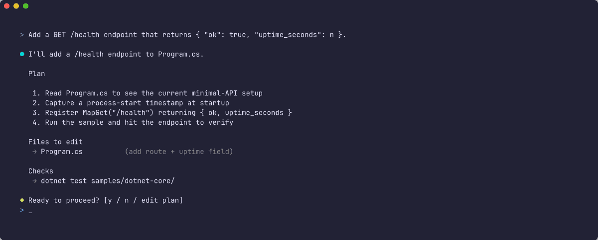 Claude Code plan for the .NET /health endpoint, naming Program.cs as the file to edit and a dotnet test check to run