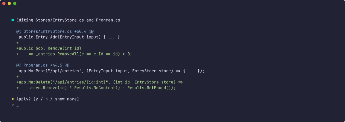 Diff showing a Remove method added to EntryStore.cs and a MapDelete route added to Program.cs