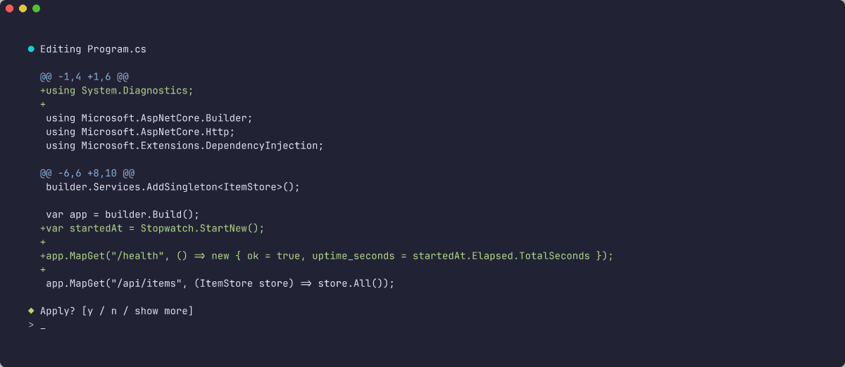Diff of Program.cs showing a using System.Diagnostics, a Stopwatch startedAt, and a MapGet /health route added