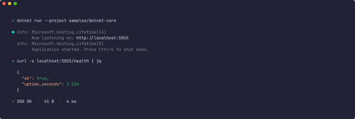 Terminal showing dotnet run followed by curl localhost:5055/health returning a 200 OK with ok true and uptime_seconds