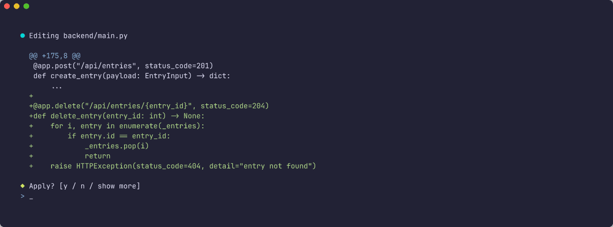 Diff of backend/main.py showing an @app.delete handler that pops the entry from the in-memory list and raises 404 if missing