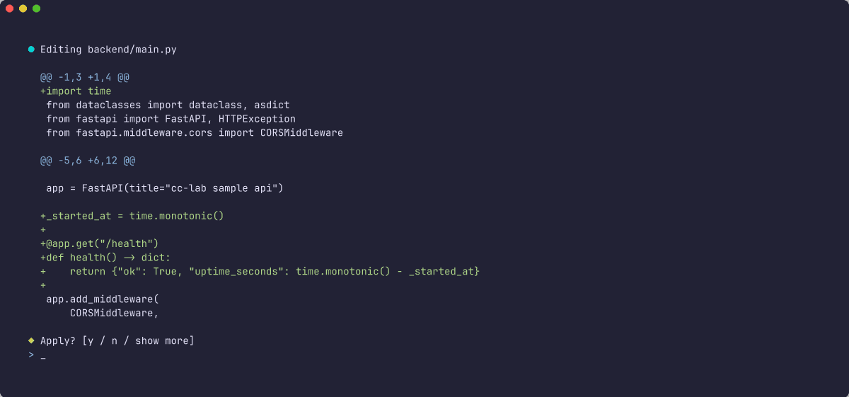 Diff of backend/main.py showing an added time import, a _started_at monotonic timer, and a /health route