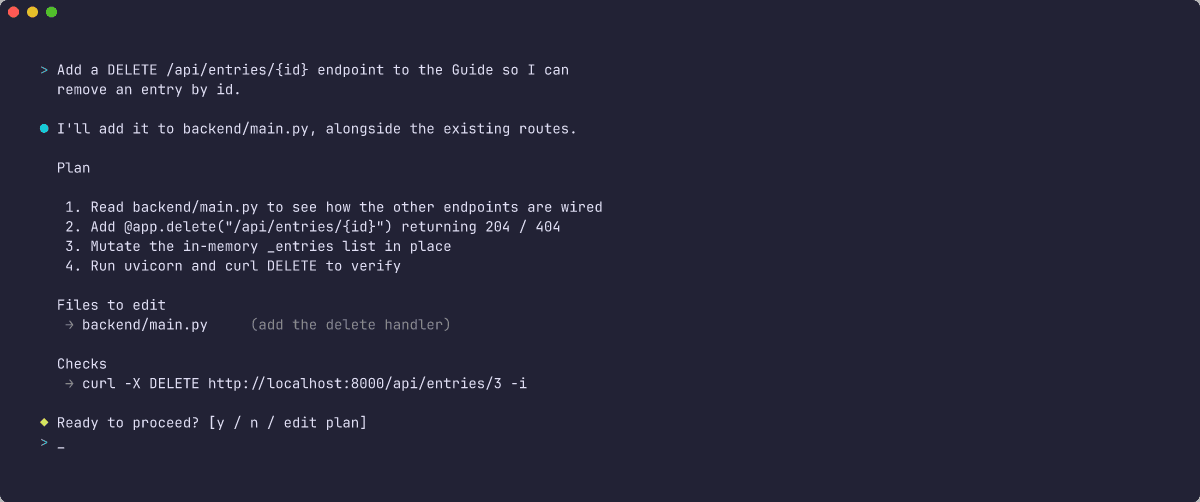 Claude Code plan for the FastAPI DELETE endpoint, naming backend/main.py and a curl DELETE check