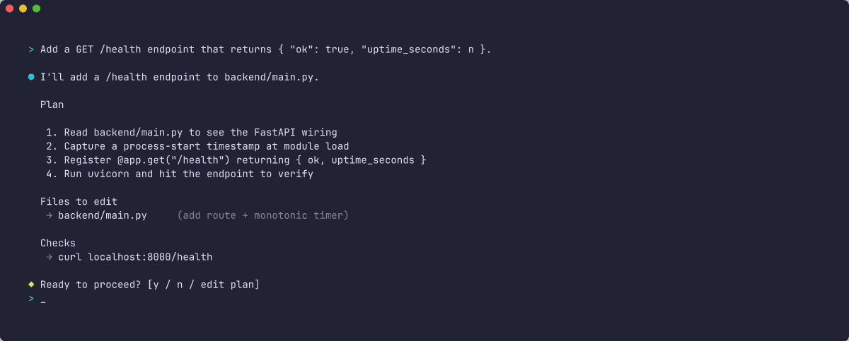 Claude Code plan for the FastAPI /health endpoint, naming backend/main.py as the file to edit and a curl check to run