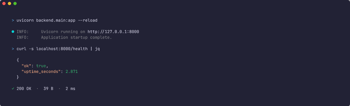 Terminal showing uvicorn running on port 8000 and curl returning a 200 OK with ok true and uptime_seconds