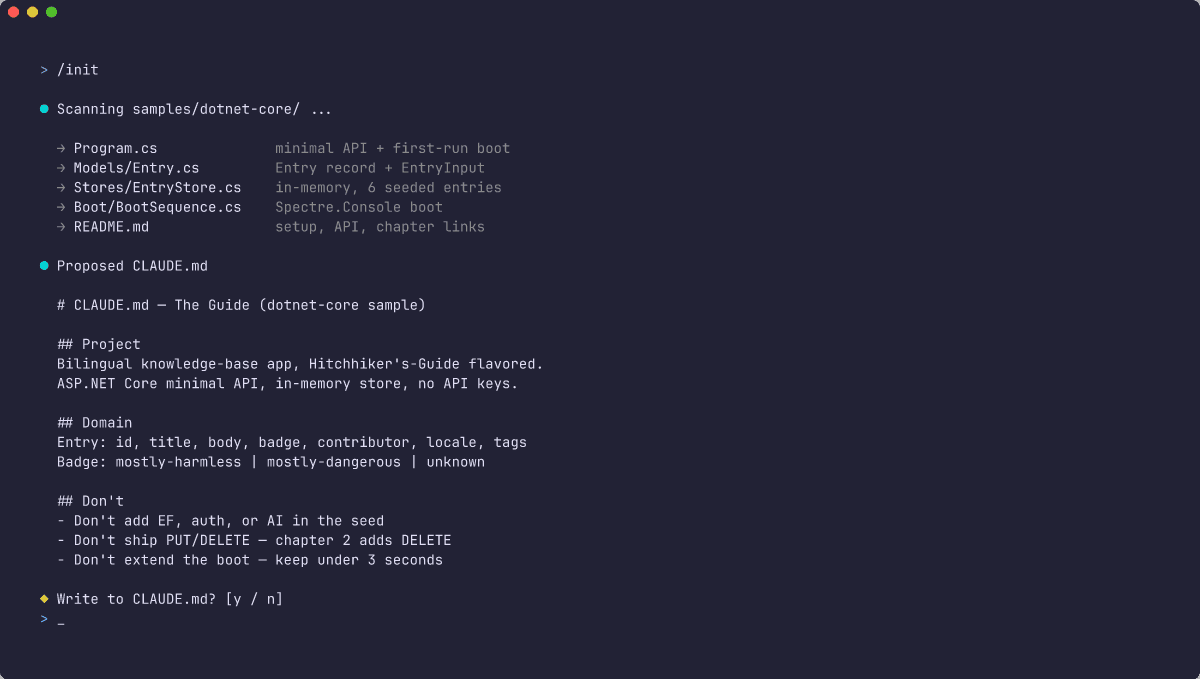 /init output showing Claude scanning a sample project and proposing a CLAUDE.md with build, test, and conventions sections