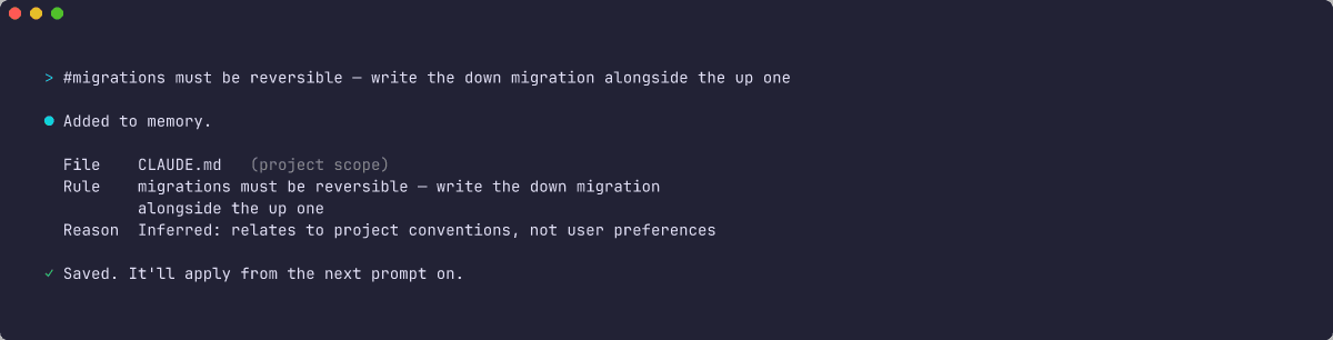 Claude Code confirming a memory addition, showing the target file, the rule, and the inferred scope