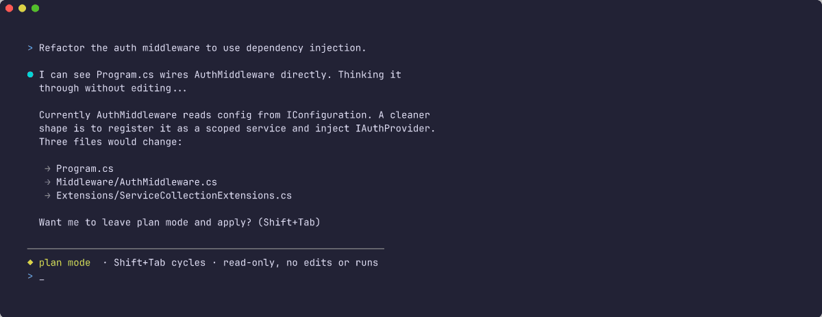 Claude Code in plan mode with the plan-mode indicator visible in the status line