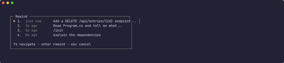 Rewind menu listing recent prompts with timestamps; the most recent prompt is selected