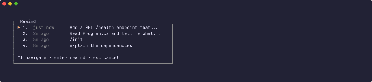 Rewind menu listing recent prompts with timestamps; the most recent prompt is selected