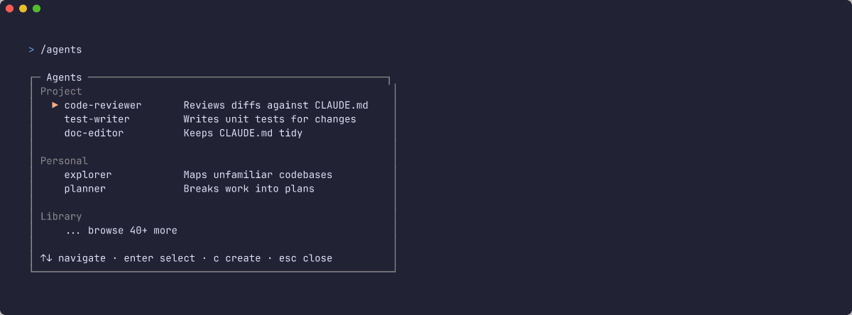 /agents UI listing project, personal, and library subagents with descriptions