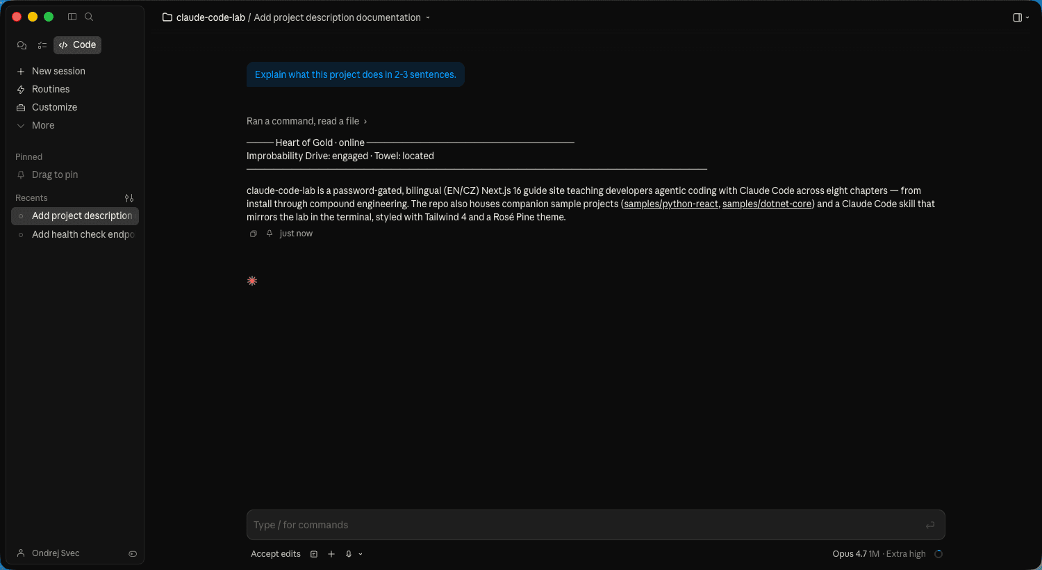 Two recent sessions in the Claude Code sidebar — the active one highlighted, the previous one below.