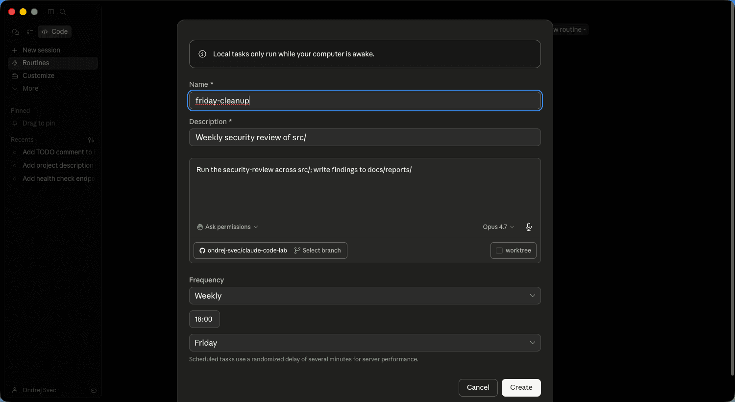 Routines scheduling interface showing a routine with a prompt field, trigger selector, and repository picker.