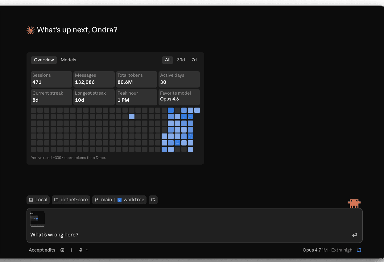 Claude desktop app with a pasted screenshot thumbnail in the prompt area and the question 'What's wrong here?' typed below